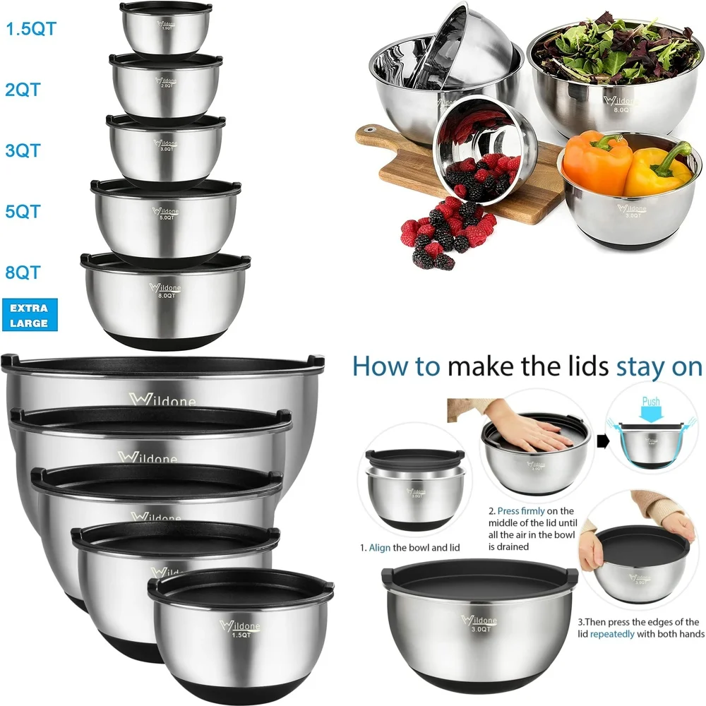 

5 Piece Stainless Steel Mixing Bowl Set with Non Slip Silicone Base and Lids Kitchen Gadgets for Cooking Baking Utensils Home