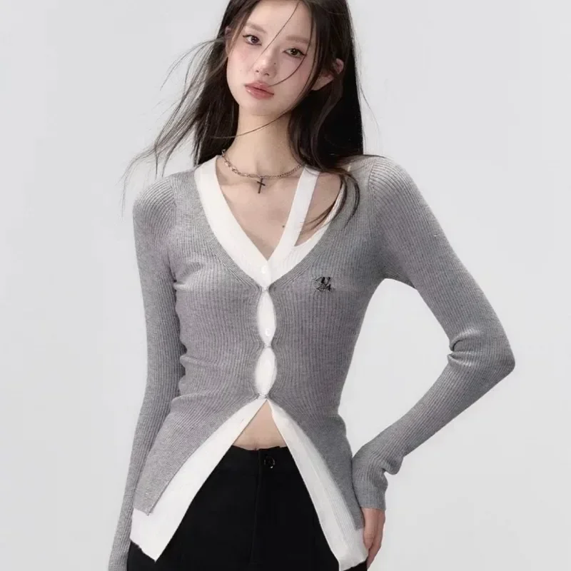 Contrast Color Fake Two Piece Irregular Sweater Y2K Slim Long Sleeve V Neck Cardigan Knitted Patchwork Women Pull Femme Crop Top