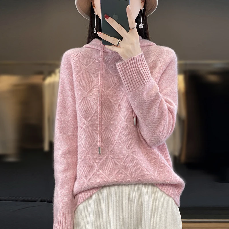 BELIARST Spring and Autumn New Hoodie Women\'s Clothing Pullover Top 100% Merino Wool Knitted Sweater Casual Long sleeved Hoodie