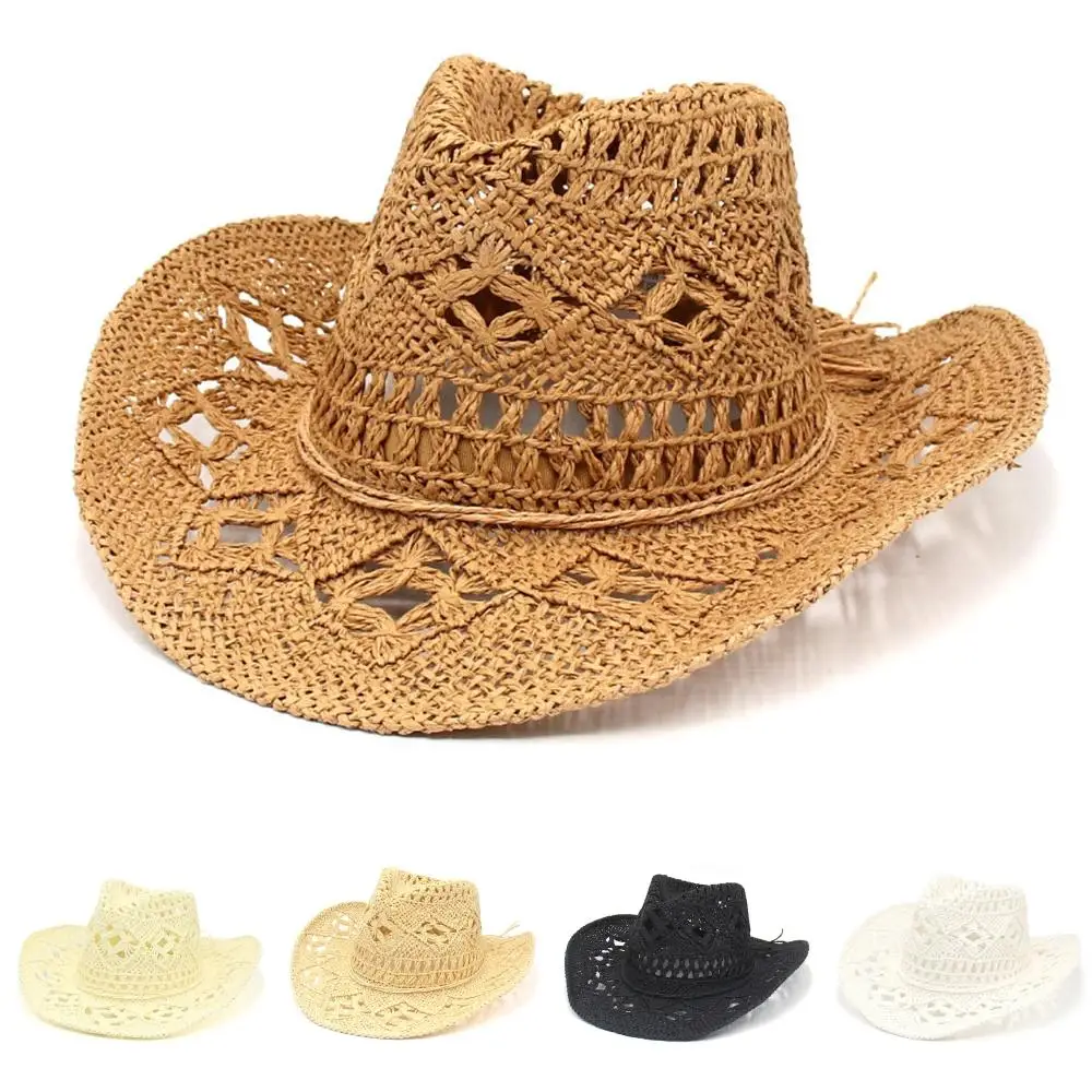 

Stylish Wide Brim Straw Cowboy Hat Hollow Out Classic Western Cowgirl Hat Vintage Fishing Hat Climbing Cap for Women & Men