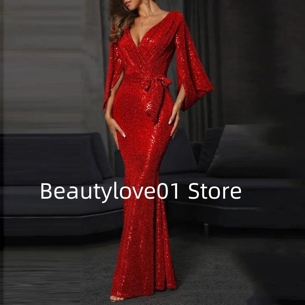 Sparkling red long sleeved deep V-shaped mermaid dance dress with sequins on the ground, fish tail slimming style evening dress