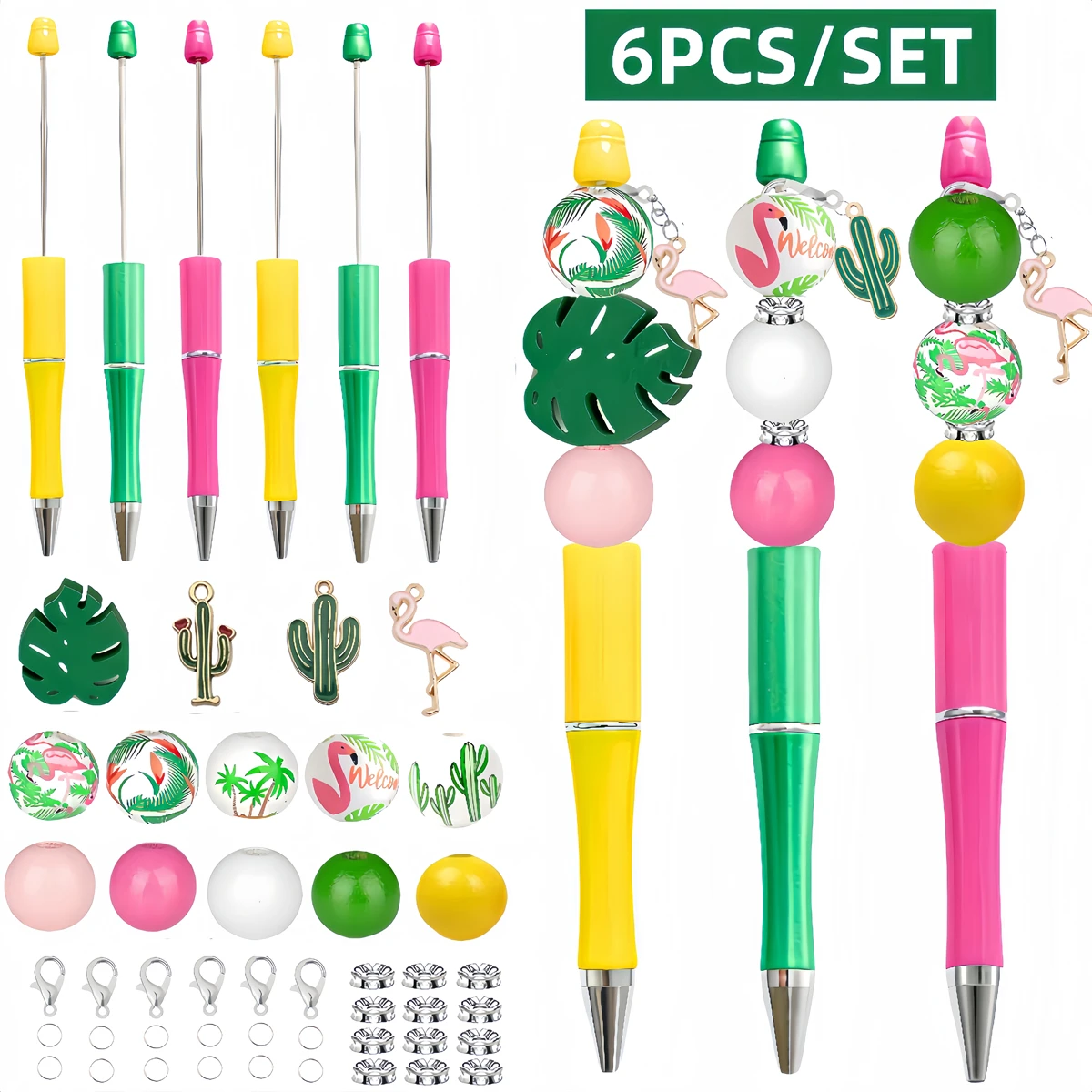 

6PC/9PCS flamingo theme DIY bead ballpoint pen and wood bead alloy pendant set, paired with colorful flamingo and hardwood beads