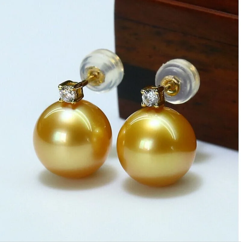 Large quantity of AAAA 10-11mm circular natural South China Sea gold pearl earrings 925S