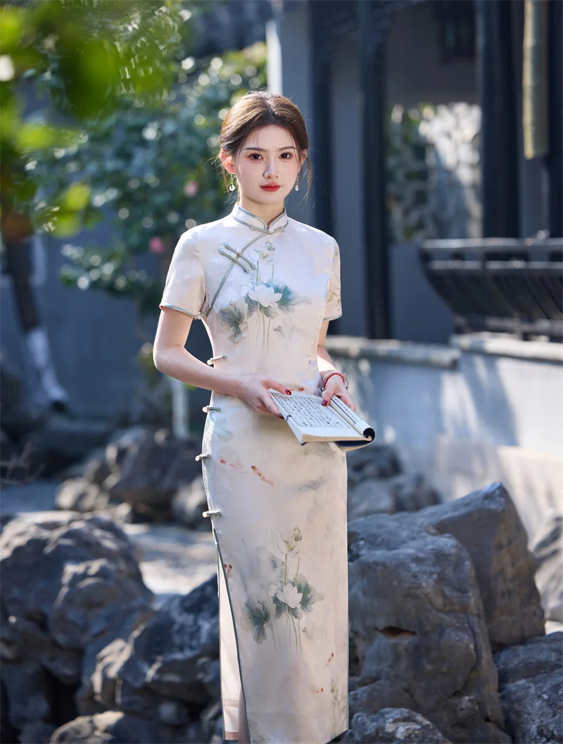 

Новинка 2025, женское платье Cheongsam без рукавов, элегантное винтажное традиционное китайское платье Ципао с цветочным принтом, длинные платья, улучшенные Qipaos