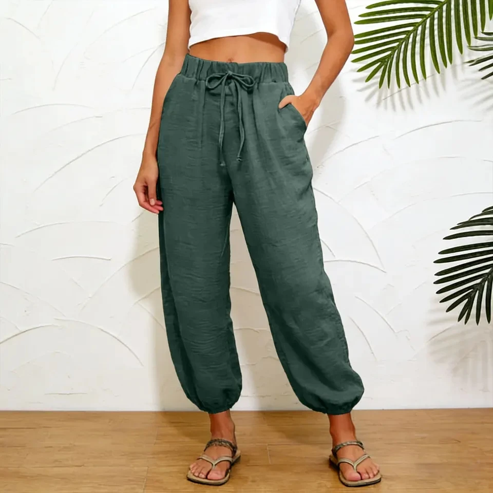 

Baggy Pants Women Cotton Linen Boho Harem Pants Wide Leg Summer Beach Pants Casual High Waist Cropped Trousers With Pockets