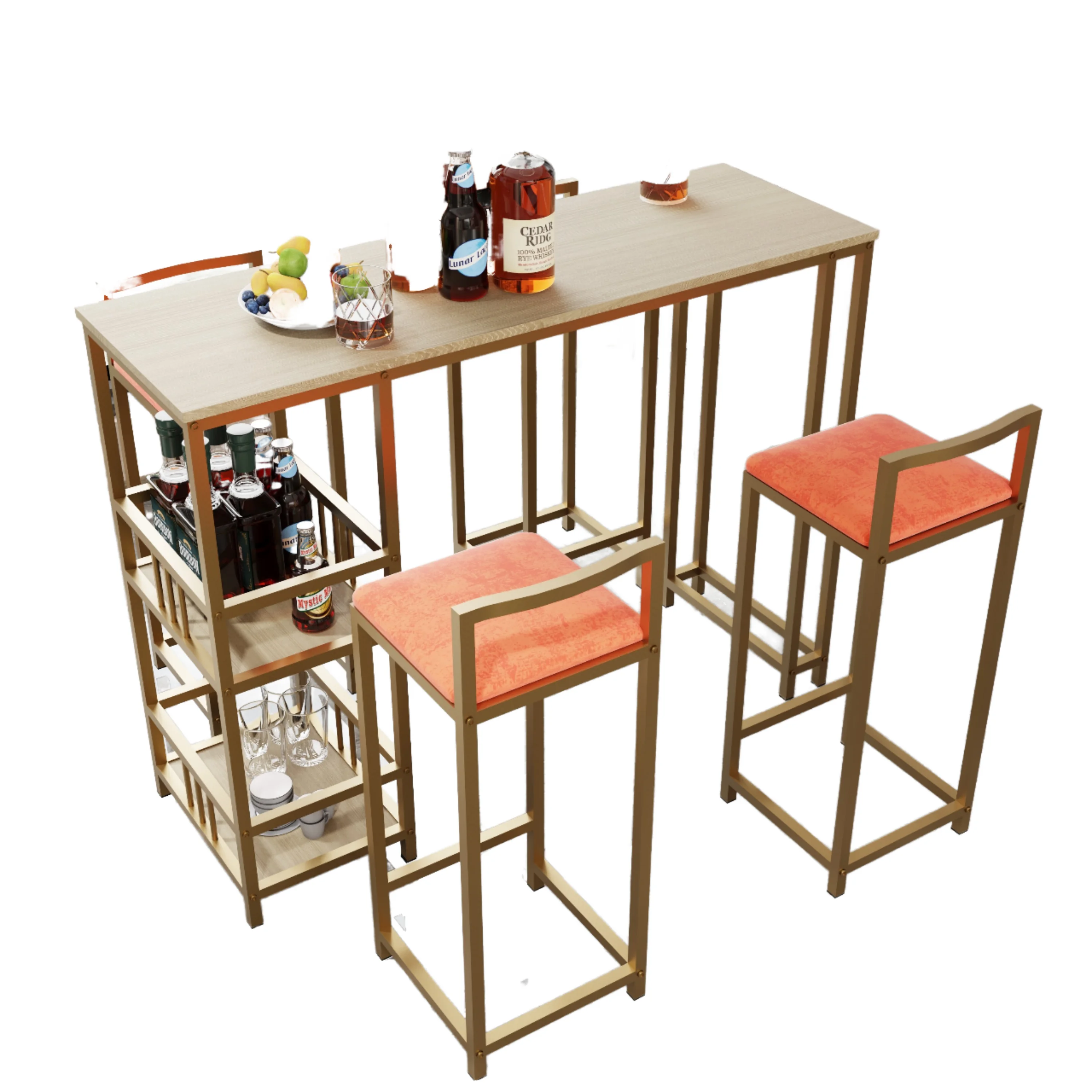 

Five-Piece Modern Dining Bar Table Chair Set Gold Brown Orange Cushion Backrest Storage Function Made Iron Easy Installation