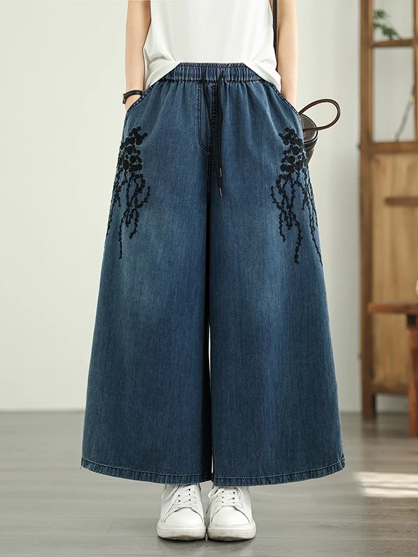 Calça jeans waed bordada pesada, cintura alta, ajuste solto, calças casuais, mistura de algodão e poliéster, verão, moda para mulheres plus size