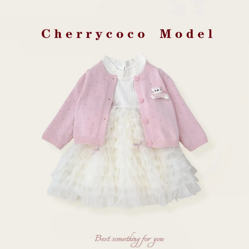 

CHERRYCOCONew style baby girl dress, sweet princess knitted coat and cake skirt two-piece set