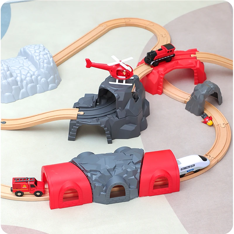 Wooden Railway Track Cave Universal Accessories Competible for All Brands Track Educational Rail Train Track Car Toys for Boys