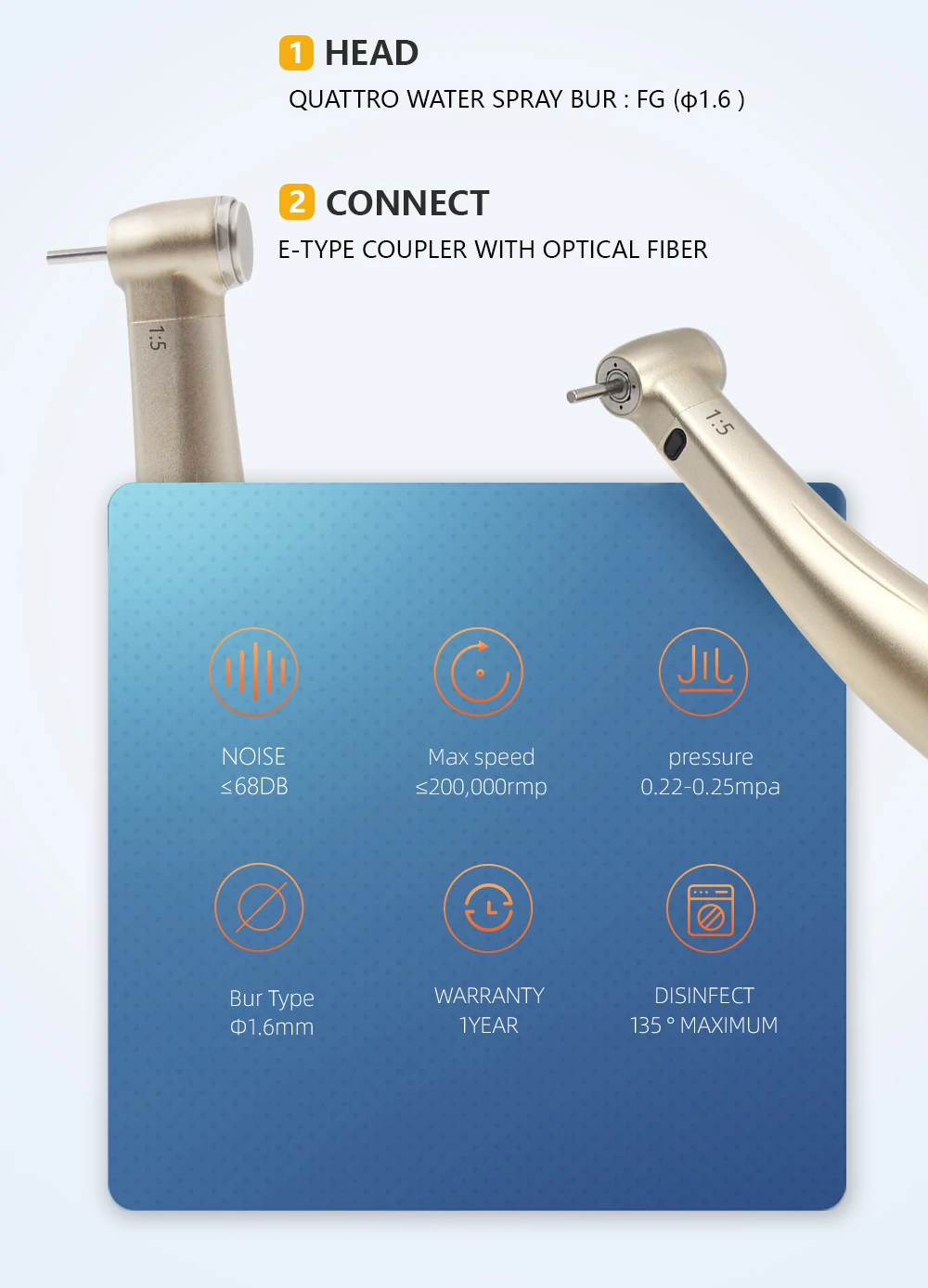 Dental 1:5 Speed Increasing Contra Angle Handpiece with Fiber Optic Light Water Spray E-Type Electric Motor Dentistry Clinic Lab