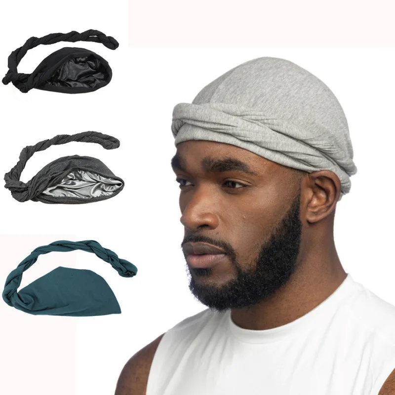 Nation Elastic Men\'s Turban Hat Satin Lining Stretchy Men Bandana Indian Cap Fashion Male Hip Hop Caps Headband Biker Headwrap