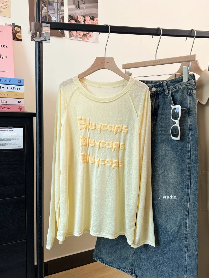 Vestibilità ampia Estate New Lazy Sle Stampato Sottile Lungo Sve Protezione solare da donna irt Coreano Sle rotondo Ne T-shirt di media lunghezza