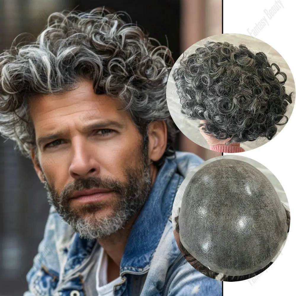

26 мм вьющиеся 1B40Серый белый мужской капиллярный протез Натуральная линия волос Парик из человеческих волос Прочный необнаружимый тонкий парик для кожи