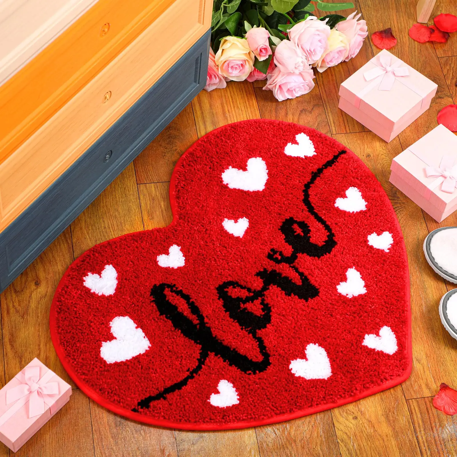 VIKAMA Valentinstag-Badezimmer-Herzteppich, niedliche Tür, Badematte, Liebesform, Duschraum, Heimdekoration, rutschfester, waschbarer Herzteppich