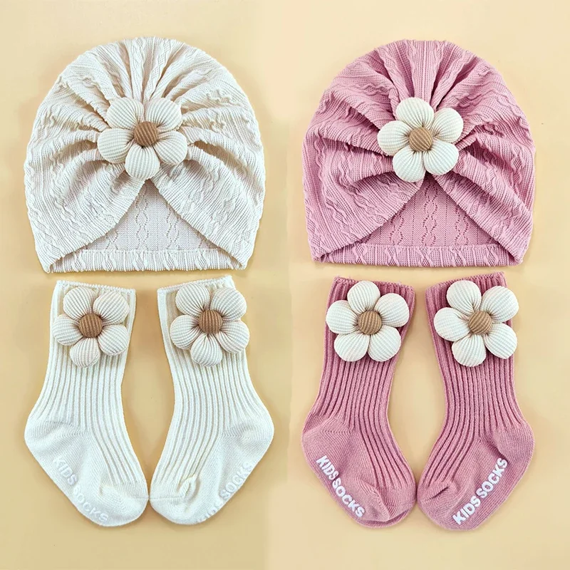 

2Pcs/Set Solid Color Flower Baby Hat Socks Newborn Floral Turban Infant Anti-slip Floor Socks Kids Elastic Beanies