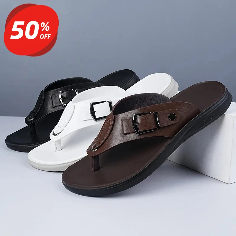 

Men's Flip Flops High Quality Cowhide Leather Slippers Casual Beach Slippers for Men Non-slip Flat Slippers Summer Men's Sandals