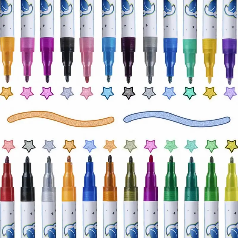 ปากกามาร์กเกอร์ประกายระยิบระยับเส้นคู่ปากกาวาดเส้นขยุกขยิก24สีปากการ่างเจลแวววาวสำหรับการทำสมุดภาพ