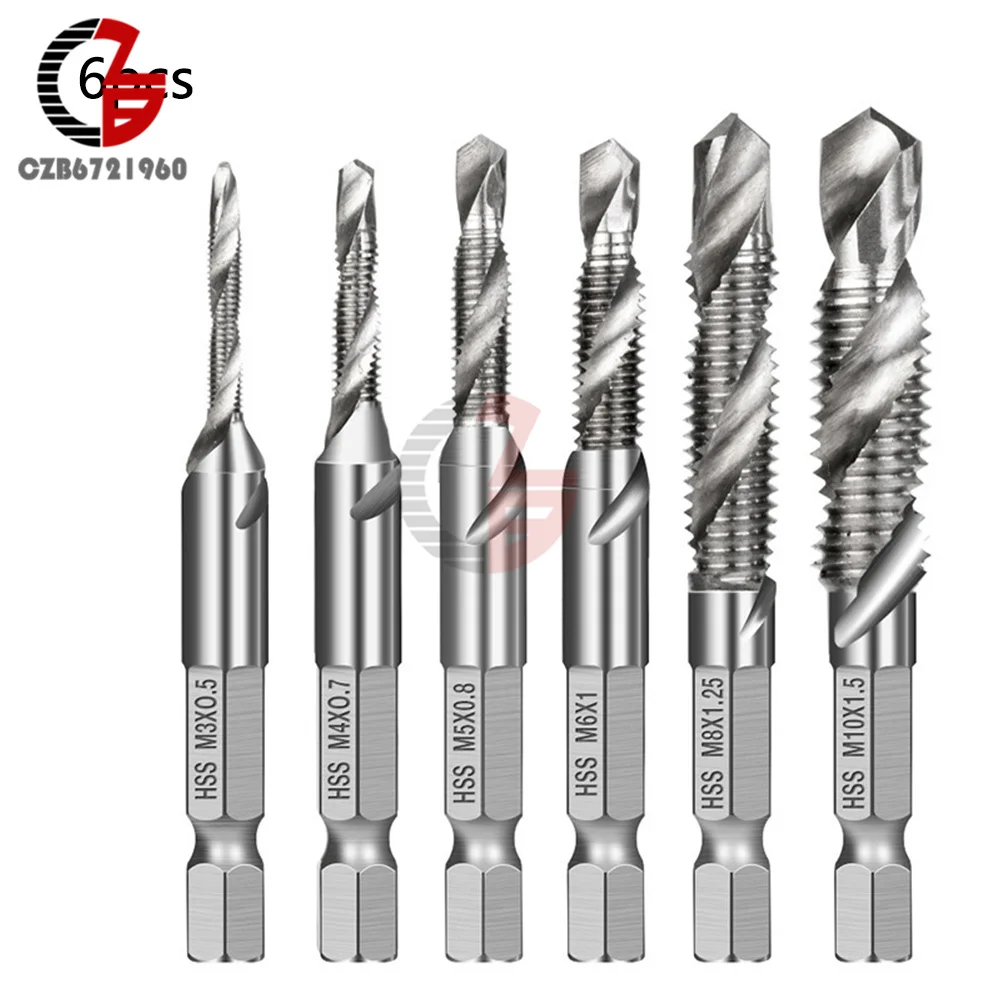 6 In 1 Drill Bit Tools Long Hexagonal Shank Twist Drill High Speed Steel Drill Tapping Integrated Titanium Plated Metal Machine