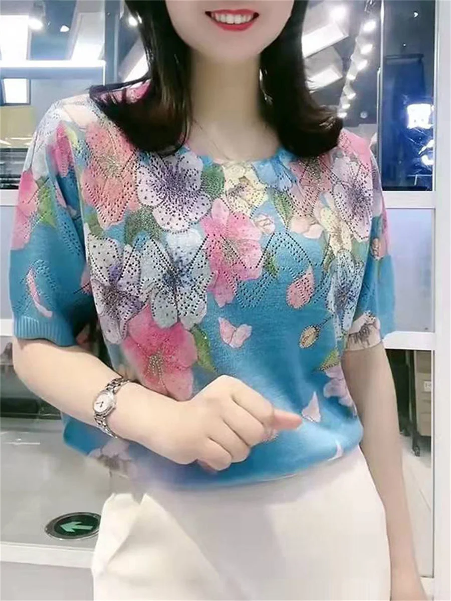 5XL Women Spring Summer Blouses T-shirt Lady Fashion Casual Short Sleeve O-Neck Colla Printing elastic Blusas Tops WY0673