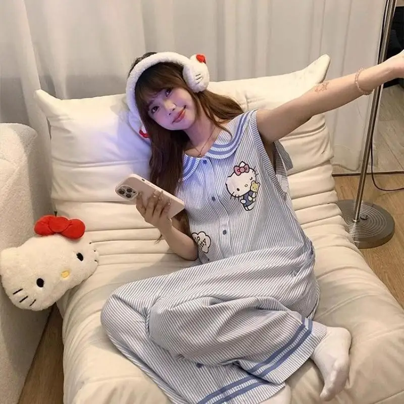 Lindo dibujo animado Kawaii Sanrio Hellokitty vestido de dibujos animados sin mangas ropa de dormir verano ropa de hogar camisón