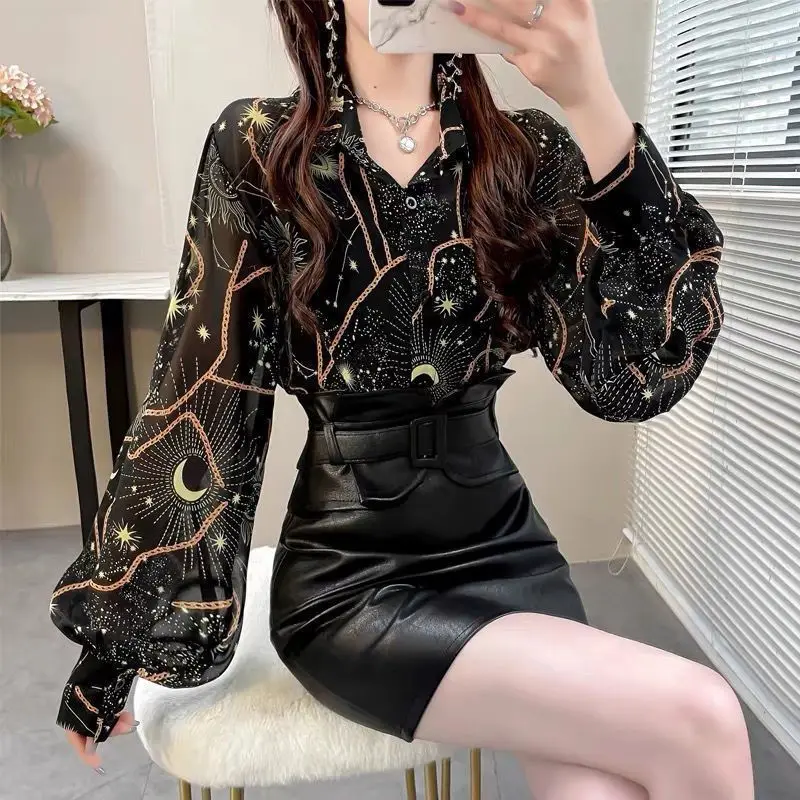 Women\'s Shirt Lapel Spring New Loose Lantern Sleeve Solid Color Printed Chiffon Top POLO Collar Single Breasted Simple Commuting