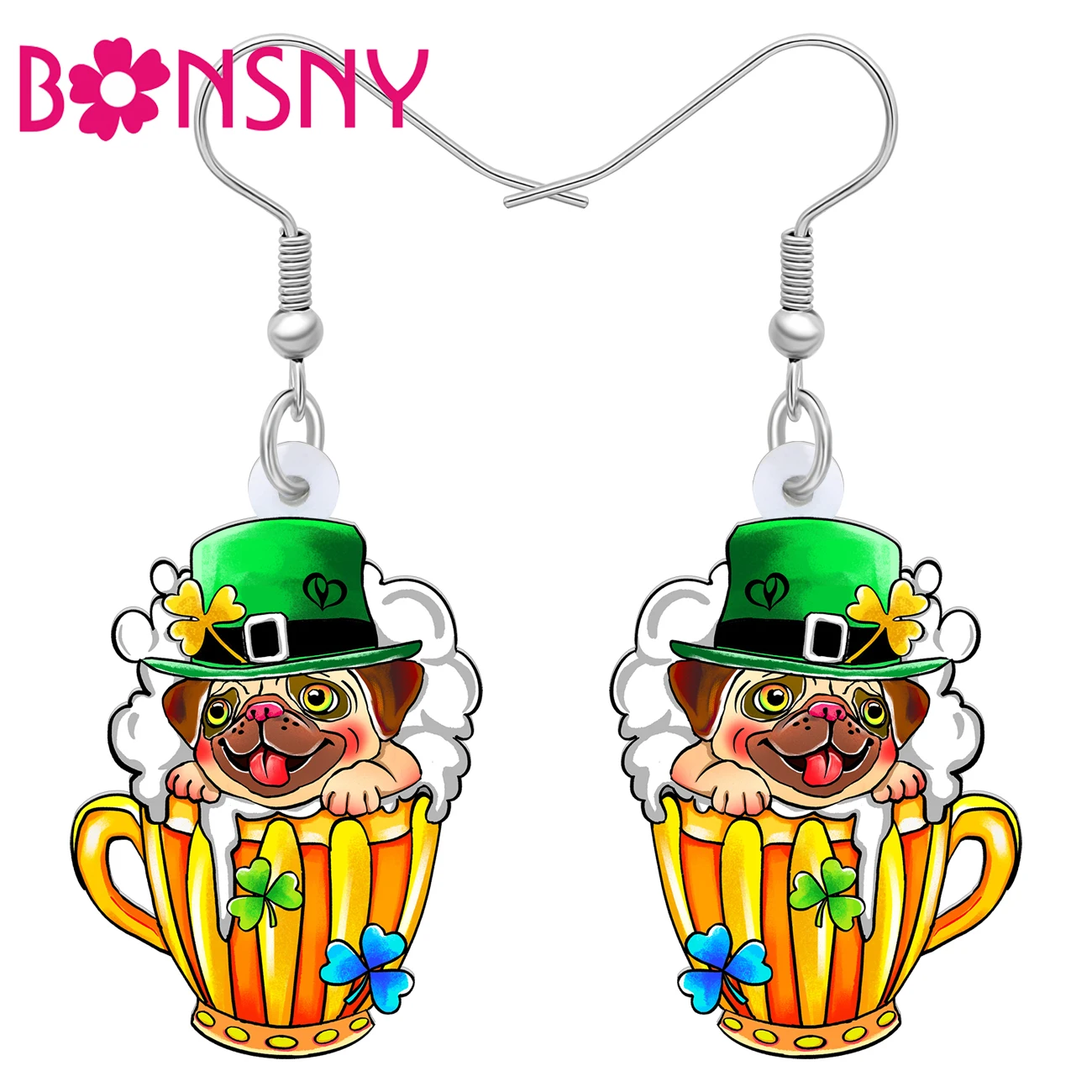 BONSNY Acrylic St Patricks Day Pug Dog Earrings Lucky Green Hat Shamrock Animal Irish Jewelry Good Luck Gifts For Women Drinkers