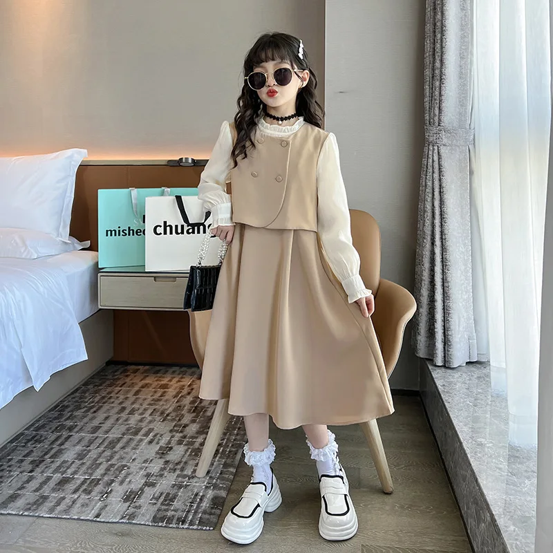 

Girl Dress 2023 New Spring Autumn Korean Fashion Style Solid Dress Baby Girl Fake Two Vest Dresses Long Sleeve Princess Dress