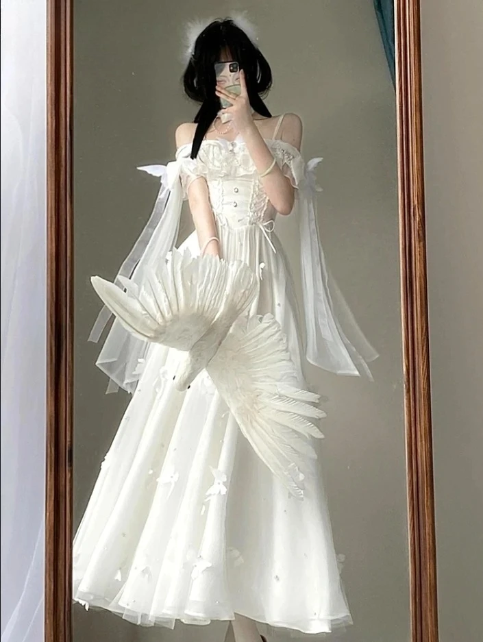 Elegant and Sweet Lady White Lolita Bow Off-shoulder Slimming Dress French Style White High Waist Princess Long Dresses 2025Hot