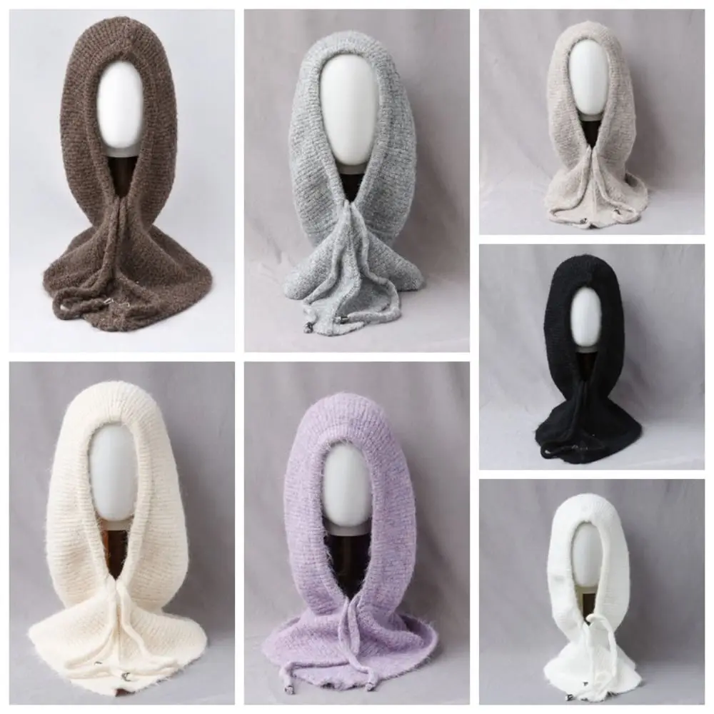 Trendige Winter-Balaclava-Mütze aus dickem Garn mit Ohrenschutz, einfarbige, gemütliche Fleece-Beanie-Mütze mit integriertem Schal – Detail 2