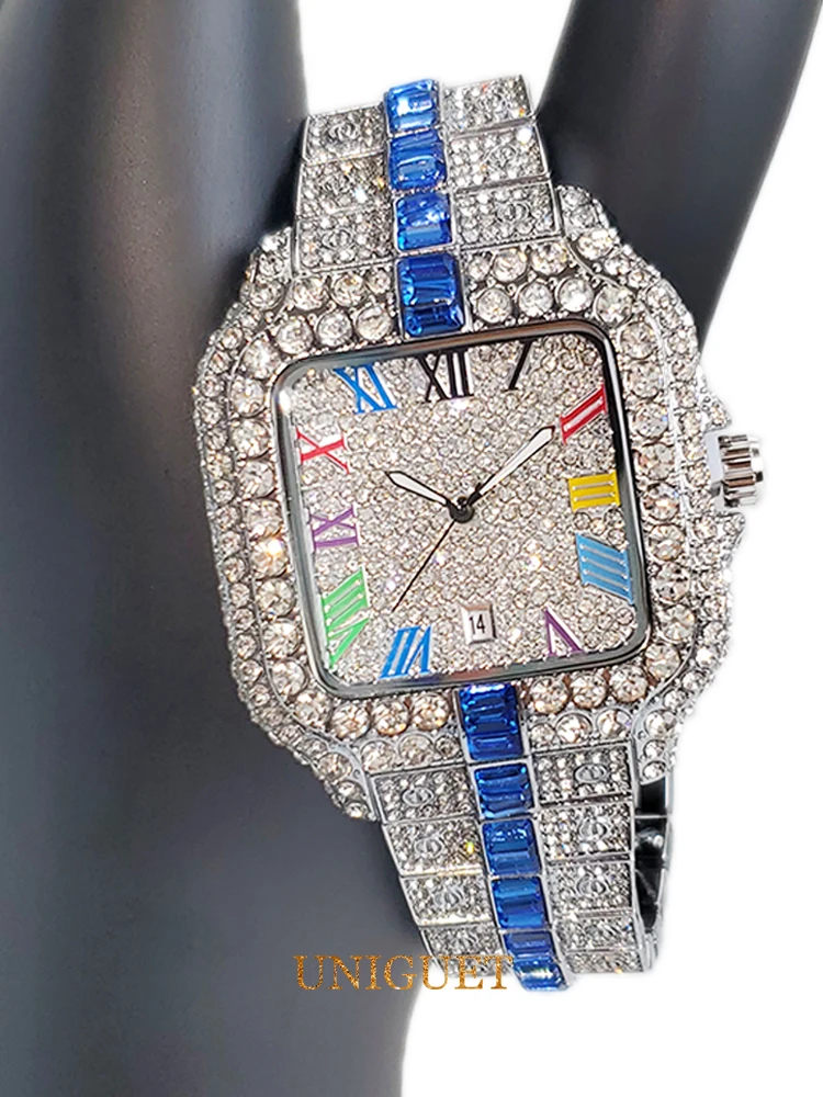 Orologi al quarzo da uomo blu ghiaccio con calendario con numeri colorati Orologio alla moda hip-hop per uomo Orologio da polso quadrato dal design di lusso regalo