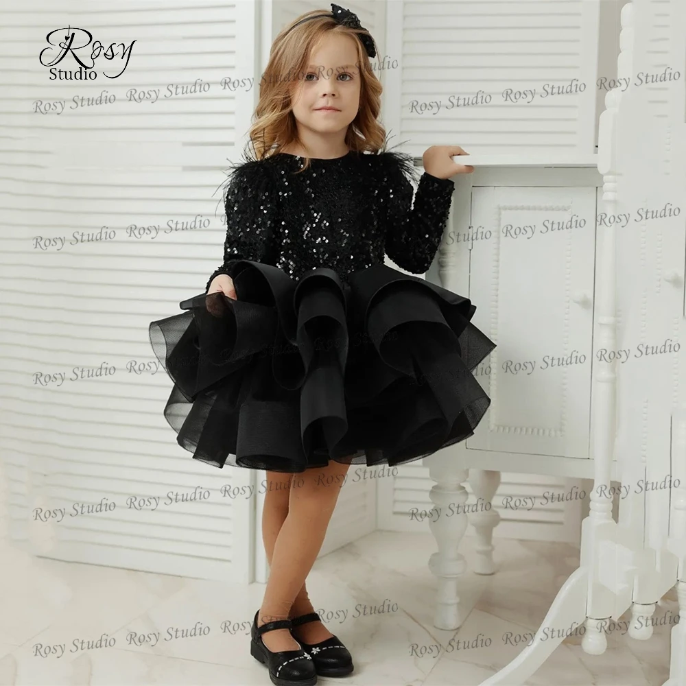 Fashion Black Sequin Pageant Dress for Girl A-line Tiered Kid's Christmas Party Dresses Long Sleeves Feathers Prom Gown