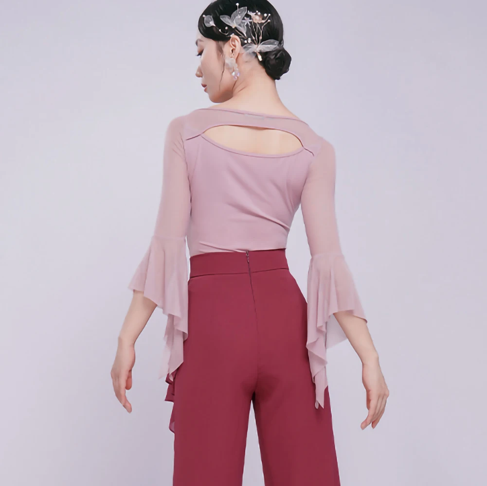 تي شيرت نسائي لاتيني قصة مجوفة جديدة سوداء ثلاثية الأبعاد على شكل زهرة ممارسة التورمالين الأزرق للحفلات الراقصة بأكمام شبكية وردي