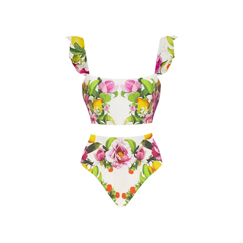 Women's Swimsuit Fly Sleeve Spring Flower Printing Bikini with Skirt