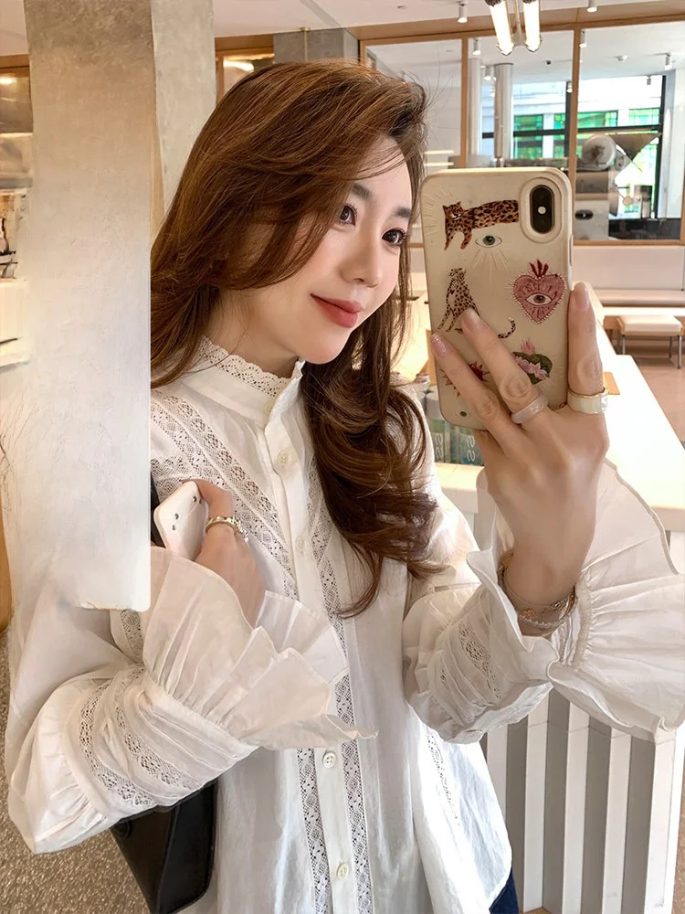 

Ele Long Sve Lace Patchwork irt High Yarn Cotton Spring Overture by Cheeseandkisses Breathable Commute Sle Women's...