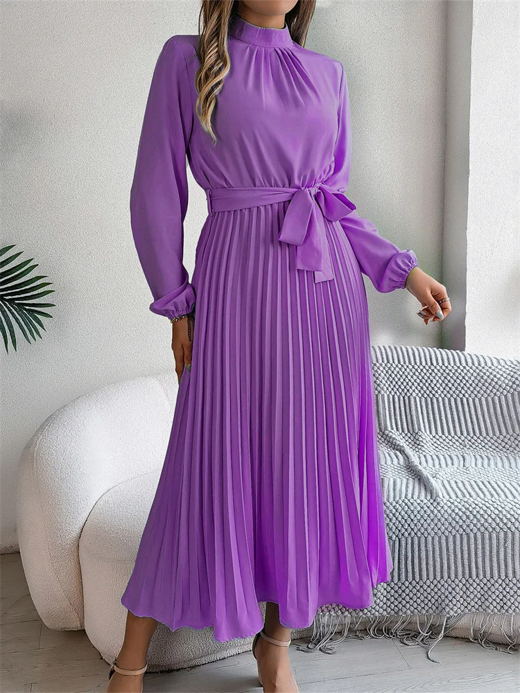 Msfilia Elegant Stand Collar Spring Summer Solid Long Dress Women Full Sleeve High Waist Design Pleated Dress image 6