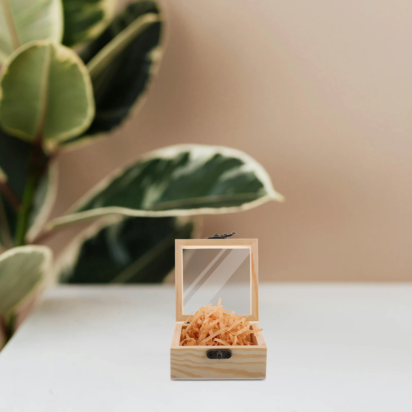 Small Wooden With Lid Vintage Style Jewelry Storage Organizer Transparent Glass Top Retro Flip Design Trinket Box For