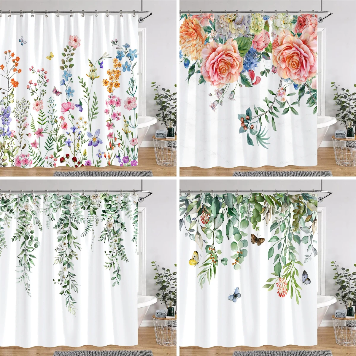 

Занавеска для душа с ботаническим цветочным принтом, зеленые листья эвкалипта, красочные цветы, полиэфирная ткань, занавеска для душа, декор для ванной комнаты