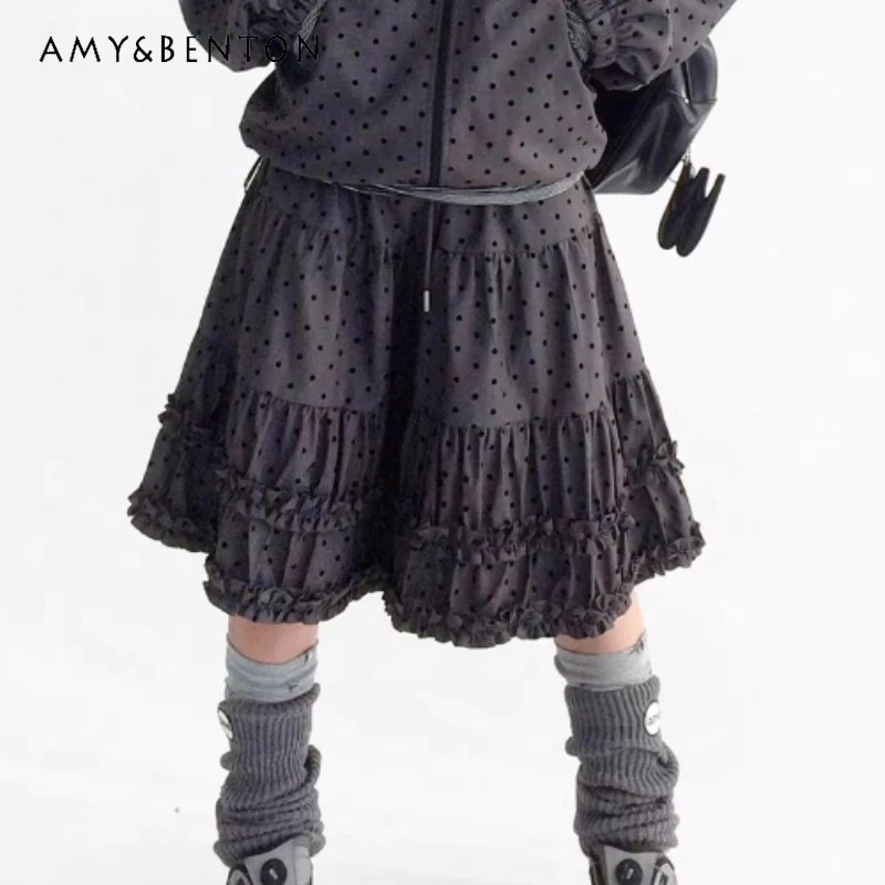 2025 Herbst Winter Neuer Schwarzer Gepunkteter Rüschenrock für Damen Originelles Design Süßer Cooler Y2k Vielseitiger A-Linien-Spitzenrock für Damen