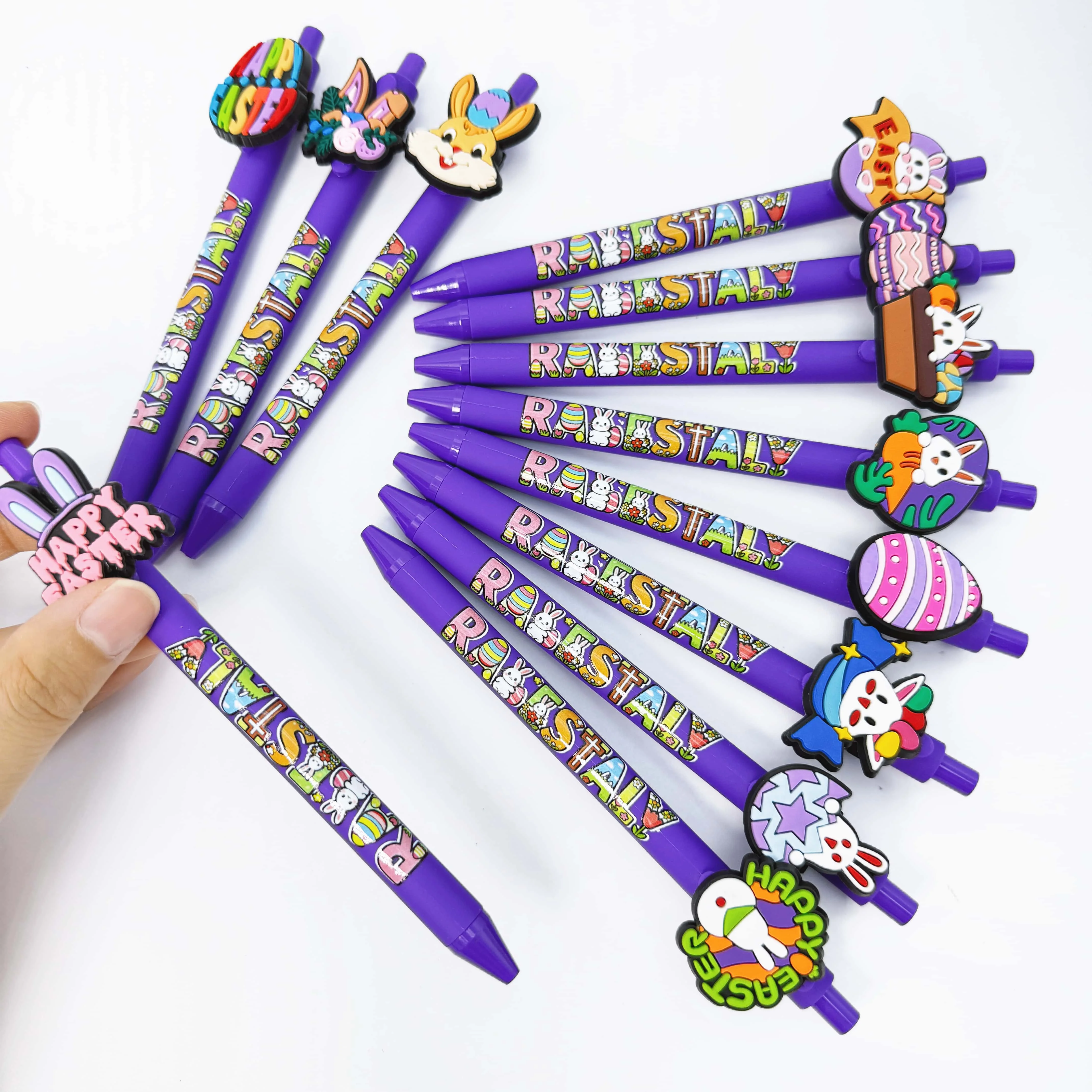 

12pcs/24pcs Purple Easter Theme Press Ballpoint Pen Rabbit Pattern Press Start Pen Student Festival Gift Pen