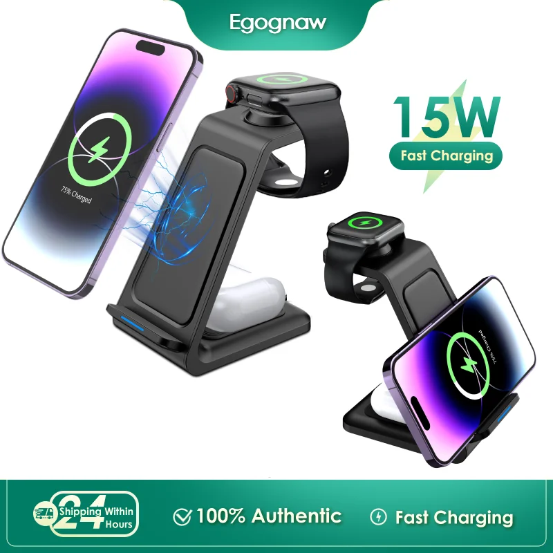 Беспроводное зарядное устройство 3 в 1, зарядное устройство Qi для iPhone 15 14 13 Pro Max/Mini/ Apple Watch Ultra 9 8 7 SE 6 5 4 3 2/Airpods 3/2/Pro