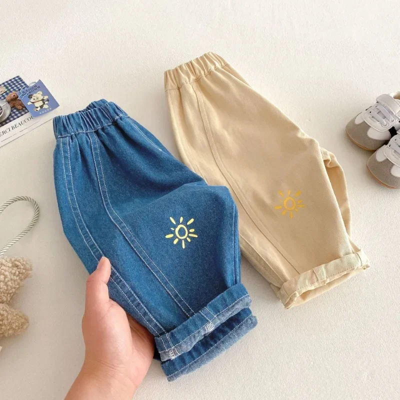 

2025 Spring Kids Pants Cute Boys Open Wire Loose Jeans Girls Solid Color Cotton Casual Pants 0-5Y