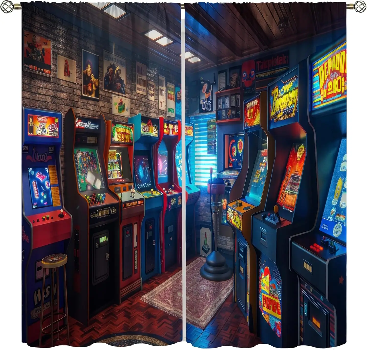 90s Arcade Curtains Glow in The Dark Cartoon Game Room Illustration Retro Pixel Design Window Treatments for Gaming Room Retro