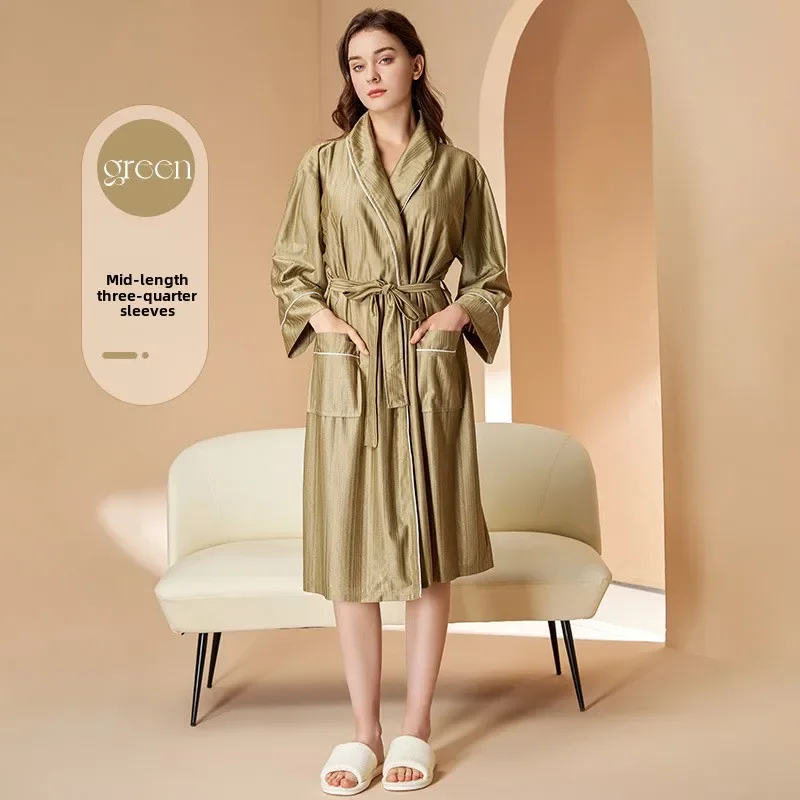 2025 New Sleep Robe Spring Cool Thin Style Couple Bathrobe Grade Sense Summer Medium Long Style Morning Robe Yukata Female
