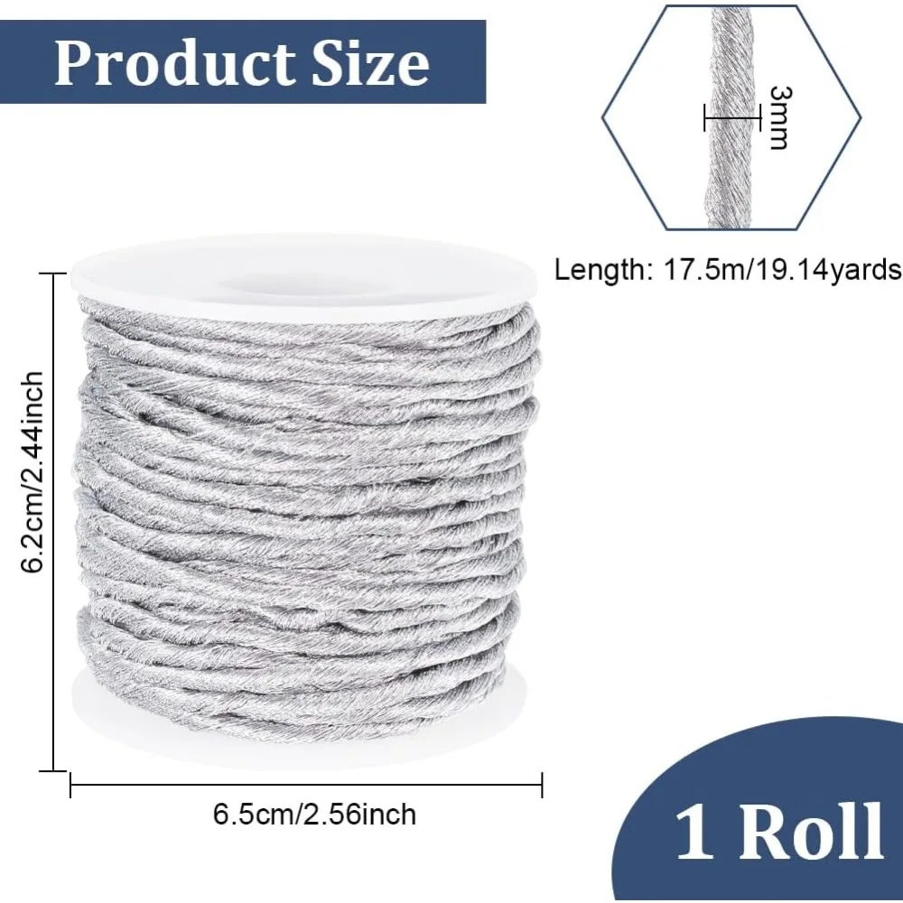 19.14 Yards Metallic Macrame Cord, 3mm Silver Twist Metallic Thread Jewelry Thread Craft String for Bracelet Jewelry Making