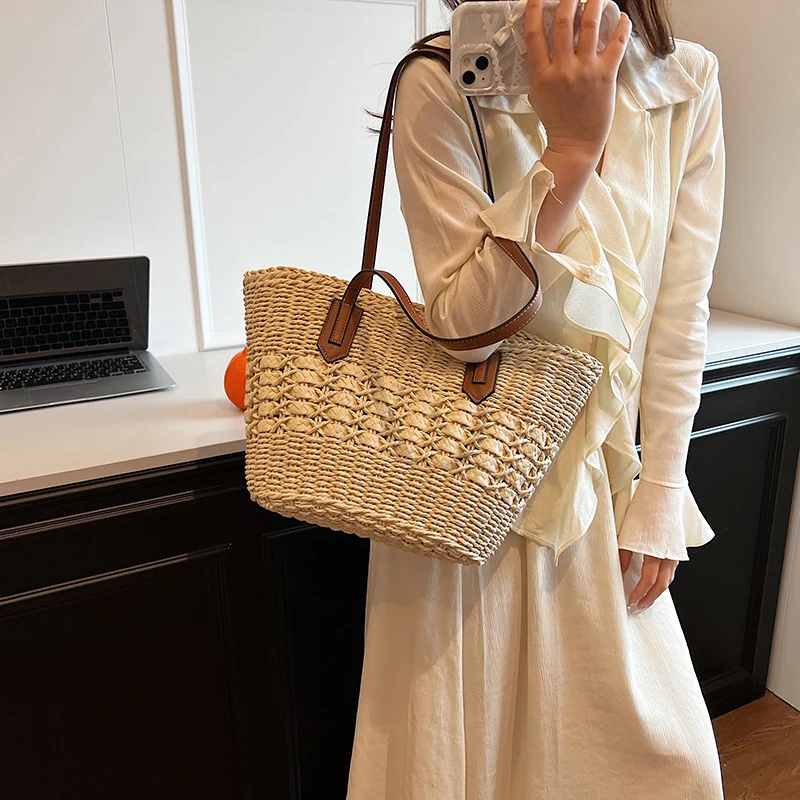 Sommer Stroh Taschen für Frauen Stroh Umhängetaschen Rattan gewebte Top Griff Tasche hohle Bast häkeln Strand tasche lässige Handtaschen – Detail 7