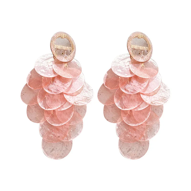 New over-the-top fashion holiday, wedding, natural shell pink spray painted round long earrings