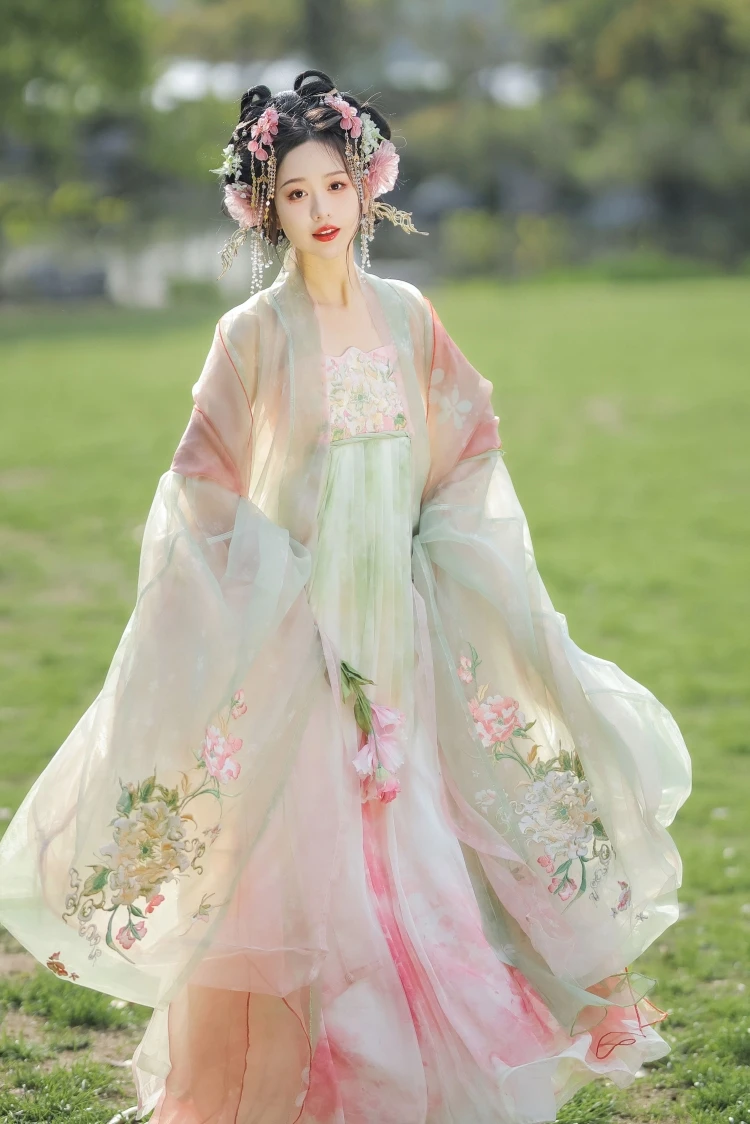 Chinese Hanfu Dress Women's Peony Flower Embroidery Large Sleeve Shirt Gods Tang Dynasty Spring Summer 2024 Vintage Hanfu Sets