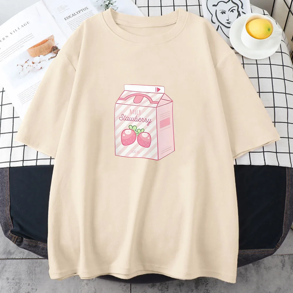 Strawberry Milk Cartoon Printing Tee-shirt Cotton Soft High Quality T-shirts Spring Women Kawaii Graphic Tshirt Comfortable Cute