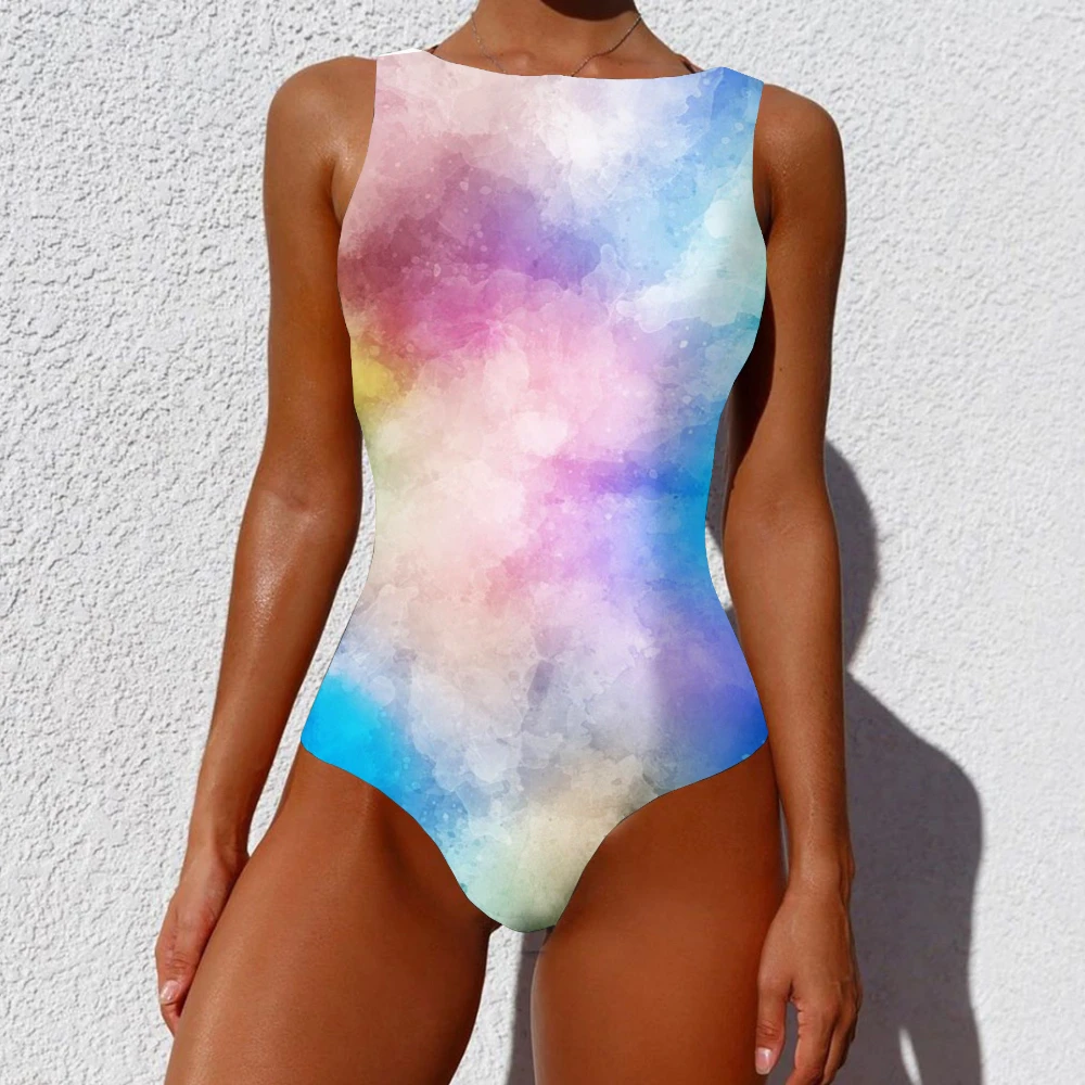One Piece Sexy Bra Swimsuit Colorful Wave Rainbow Pattern Printed Casual Swimwear Beach Swimming Sportswear Women Clothing