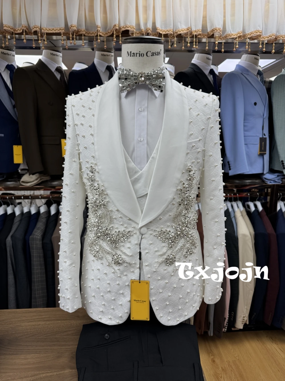 

Luxurious Pearls Beads Men' Suits 3 Pieces Wedding Groom Tuxedo Customized White Shawl Lapel Suit Set For Men Party Prom Wear